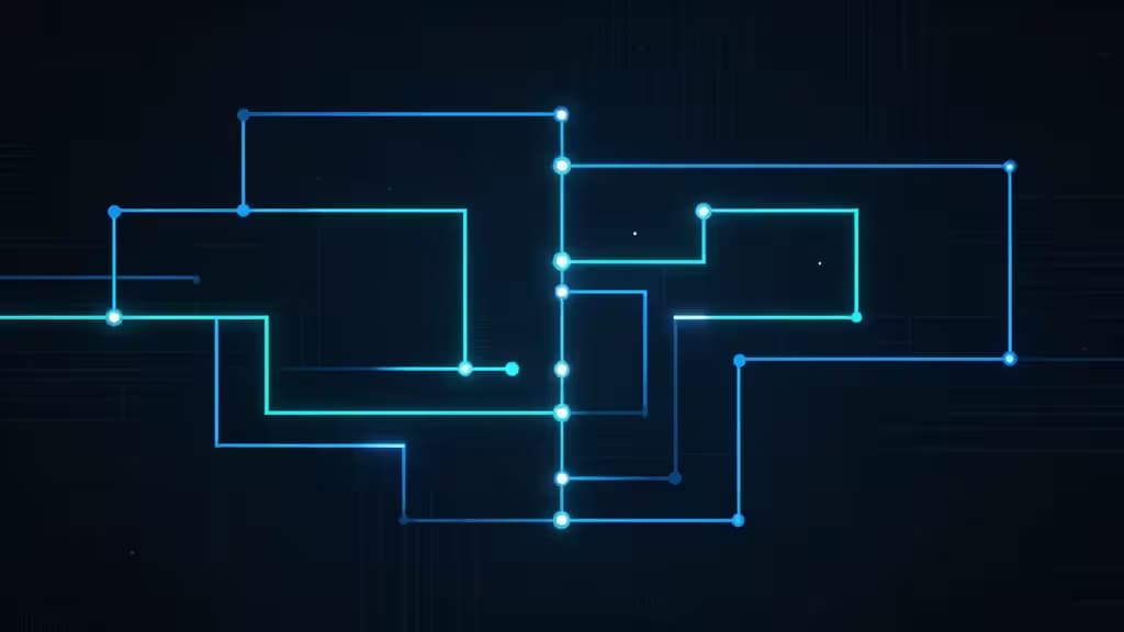 Illustration abstraite d'un graphe orienté acyclique (DAG) avec des nœuds de workflow interconnectés reliés par des lignes lumineuses bleues et turquoise sur fond sombre.