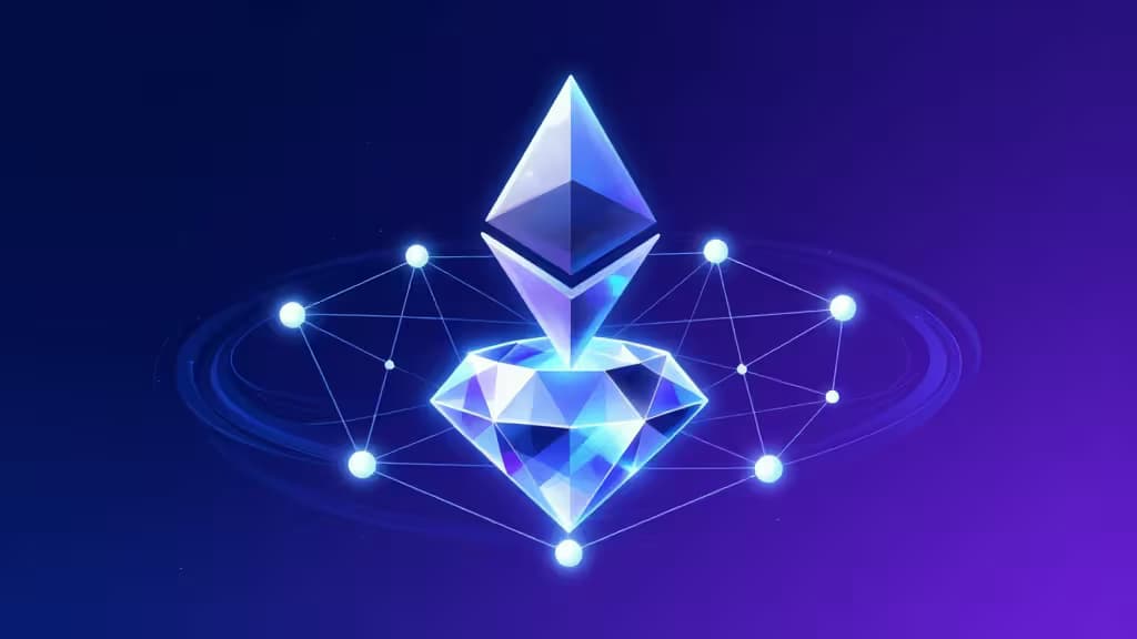 Abstract illustration of Ethereum restaking: glowing interconnected network nodes layered above a central crystalline ETH diamond on a deep blue and violet gradient background.
