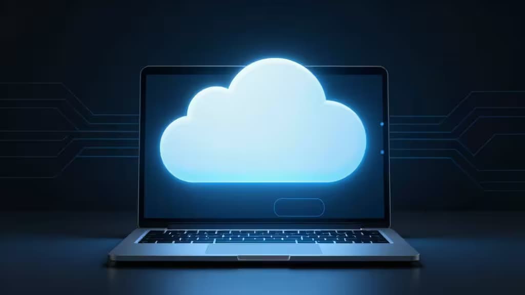 Laptop displays glowing cloud icon, symbolizing local AI processing for enhanced privacy and data security.