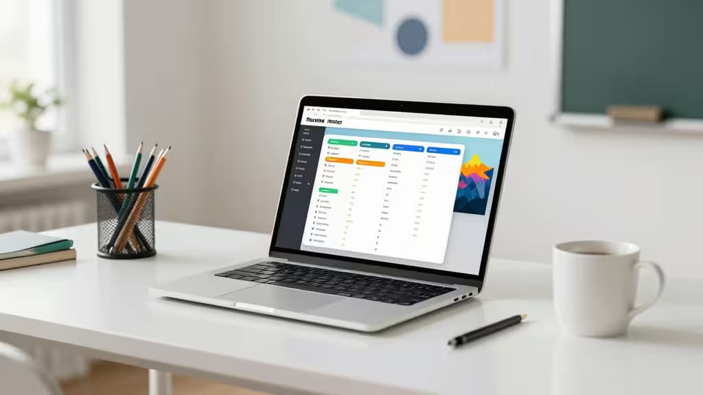 Laptop displays AI lesson planner on white desk with pencils, coffee, and notebook.