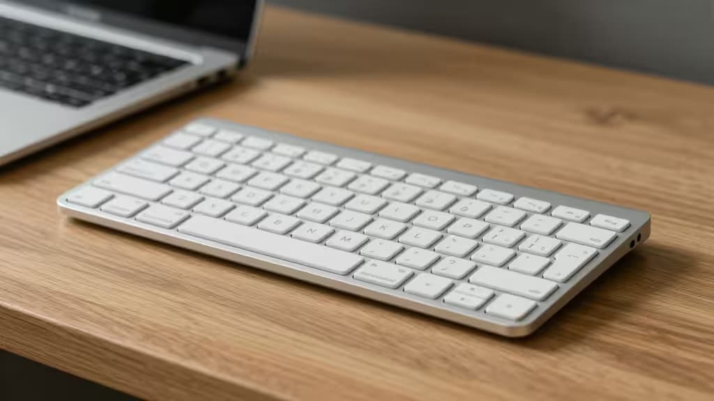 Una tastiera wireless dal design elegante, con tasti bianchi e scocca argentata, appoggiata su una scrivania in legno accanto a un MacBook.