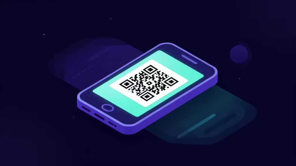 Portefeuille matériel crypto sécurisé avec écran tactile affichant un QR code, entouré de motifs géométriques inspirés de Solana en dégradés violet et turquoise