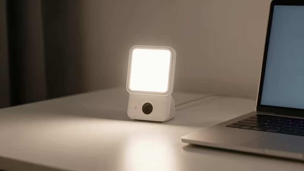 A compact white LED panel illuminates a desk beside a laptop, serving as webcam lighting.