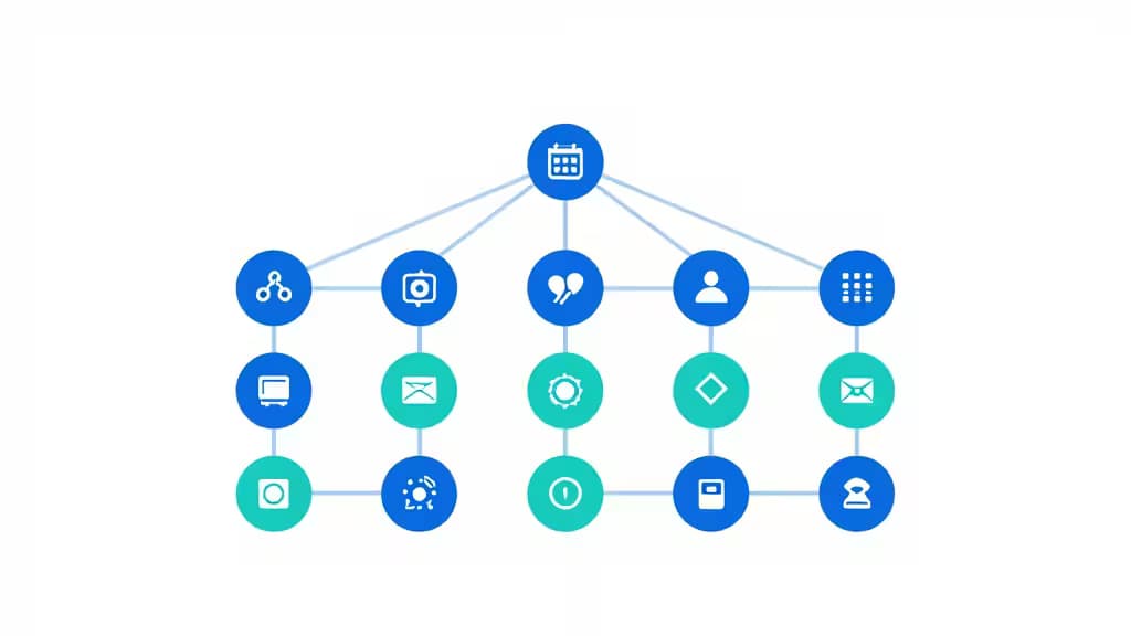 Blue and teal circular icons form a network diagram representing software supply chain components.