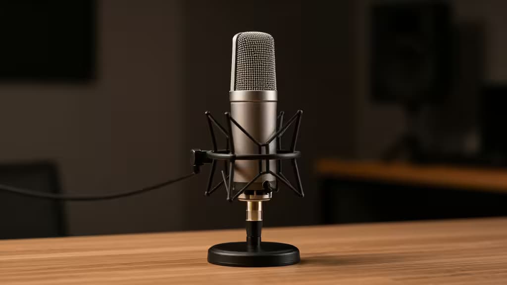 Microfono USB professionale su supporto da tavolo in ambientazione studio con illuminazione calda