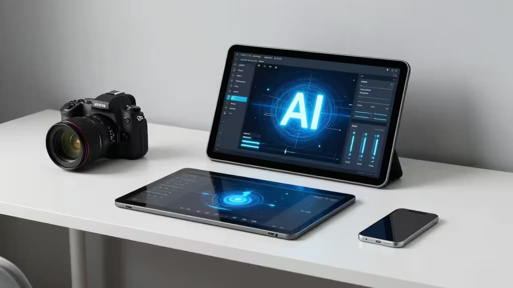 A DSLR camera, tablet, and smartphone display glowing AI interfaces on a minimalist white desk.