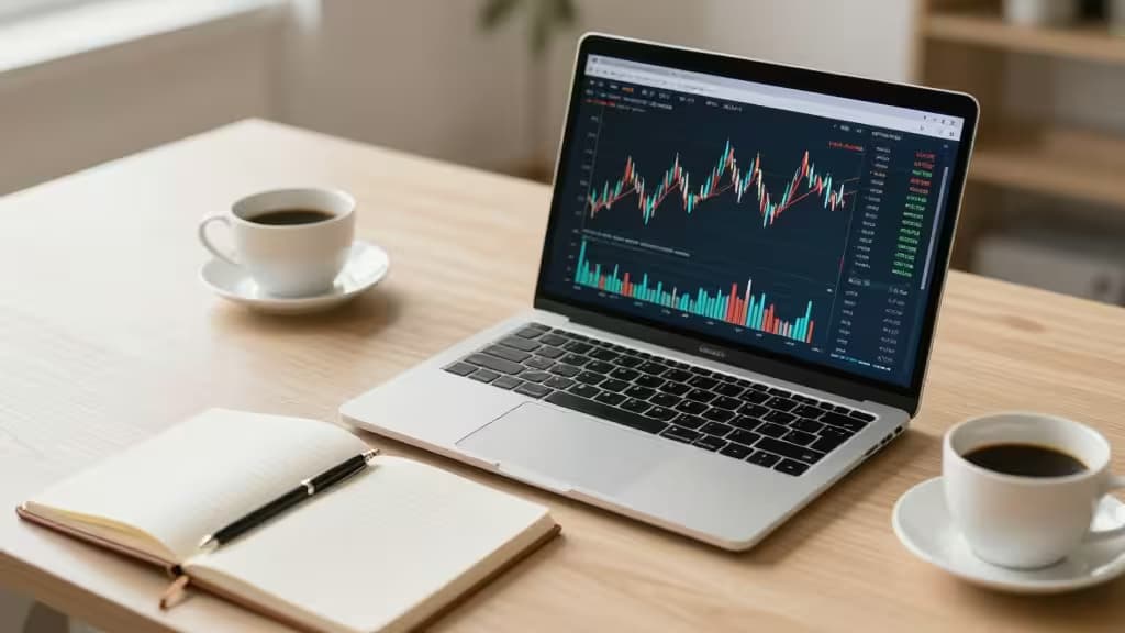 Laptop displays stock charts beside coffee cups and notebook on wooden desk.