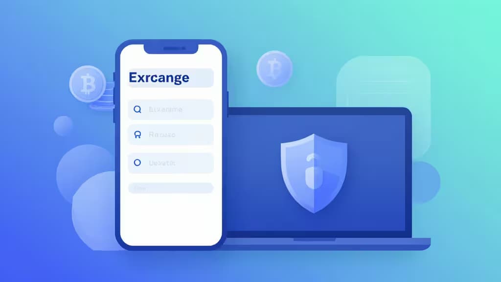 Abstract illustration of a modern cryptocurrency exchange interface on a smartphone and laptop with soft blue and teal gradients, geometric coins, and security shield motifs.