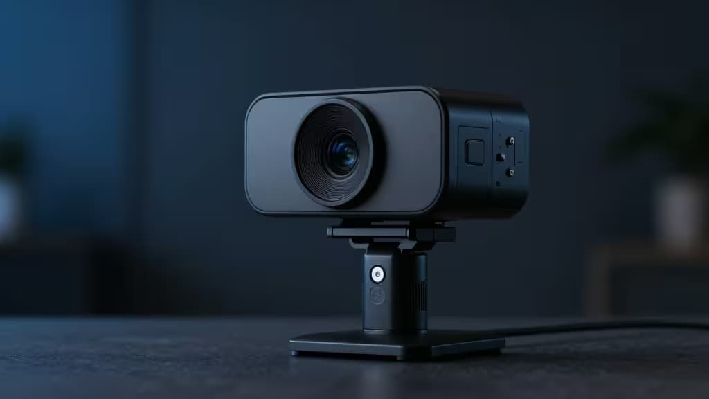Webcam noire mat, objectif pro, trépied intégré, sur fond bleu nuit épuré.