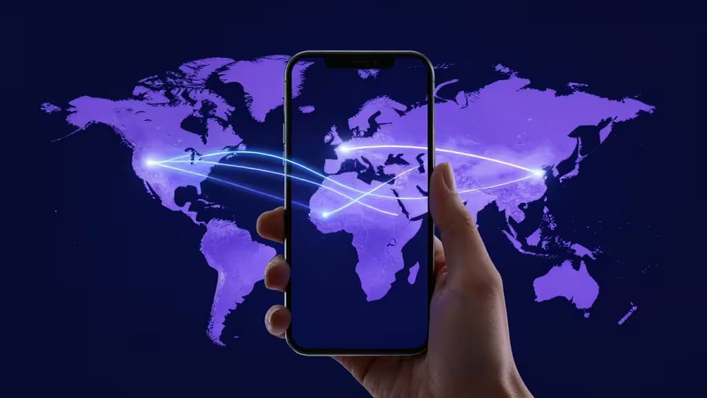 Mano sosteniendo un smartphone con líneas de conexión global brillando sobre un mapa mundial morado.