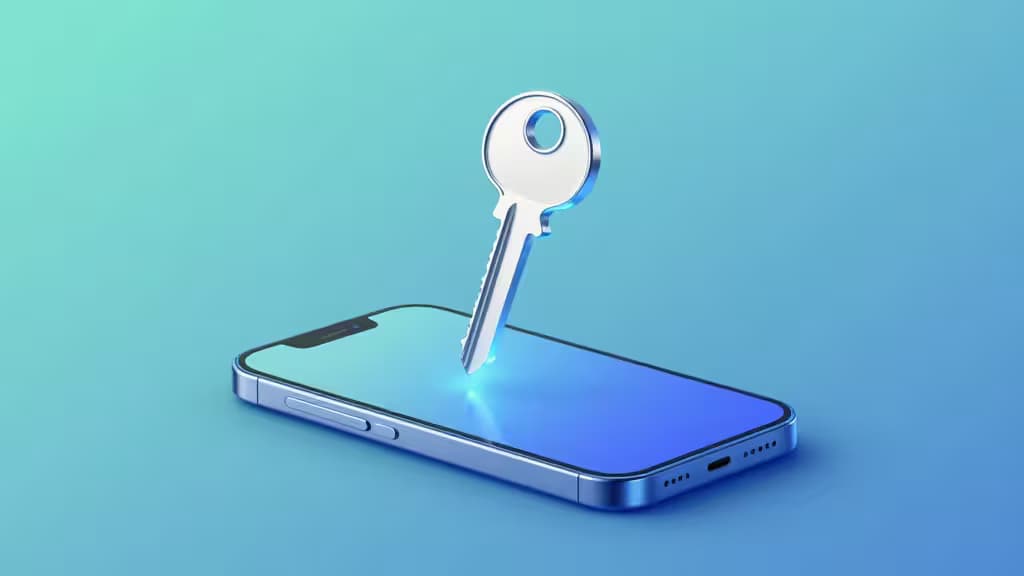 A glowing silver key emerges from a sleek smartphone screen against a gradient blue background.