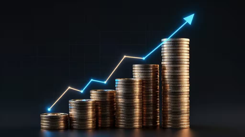 Stacked gold coins rise with glowing blue arrow, symbolizing DCA growth in crypto trading.