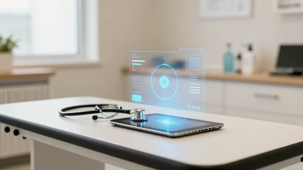 Wnętrze nowoczesnej kliniki weterynaryjnej z subtelnymi elementami interfejsu AI nad tabletem — stetoskop na stole do badań, miękkie naturalne światło.