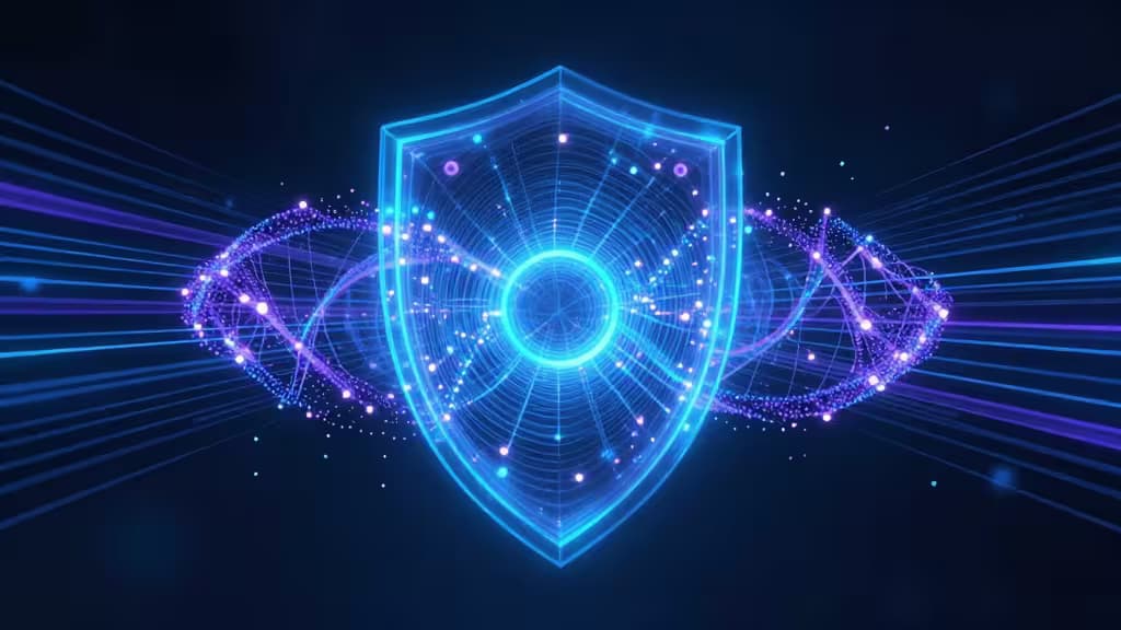 Un escudo digital azul brillante protege un símbolo de cifrado resistente a cuántica, representando túneles VPN seguros frente a amenazas futuras de computación cuántica.