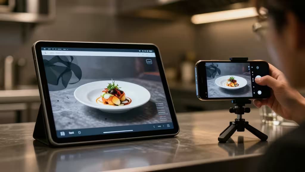 Un fotografo immortala un piatto gourmet su un tablet, catturandone i colori vivaci e l'impiattamento curato per un menu da ristorante ottimizzato con l'AI.