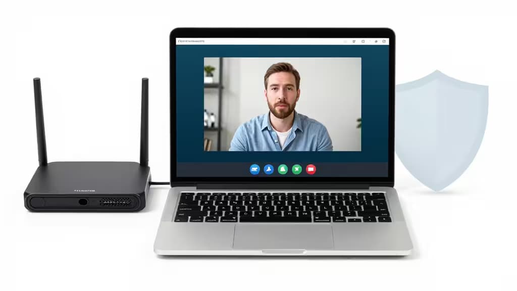 Laptop exibe chamada no Zoom com ícone de escudo VPN, enfatizando videoconferência segura.