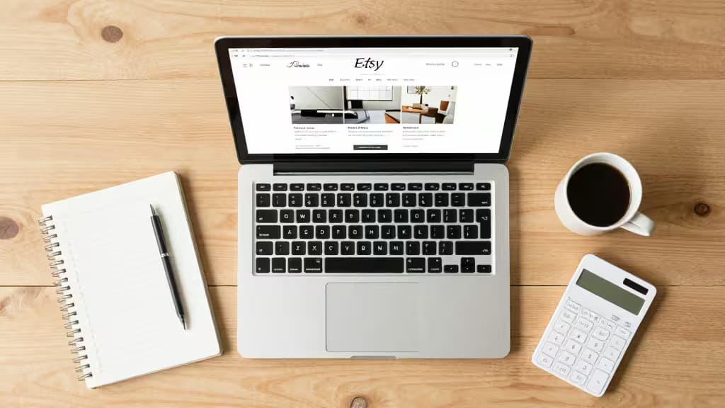 Silver laptop displays Etsy dashboard beside notebook, calculator, and coffee on wooden desk.