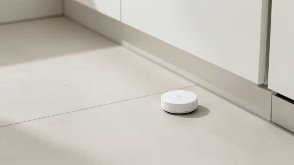 A white circular smart water leak sensor rests on a clean tiled floor near kitchen cabinets.