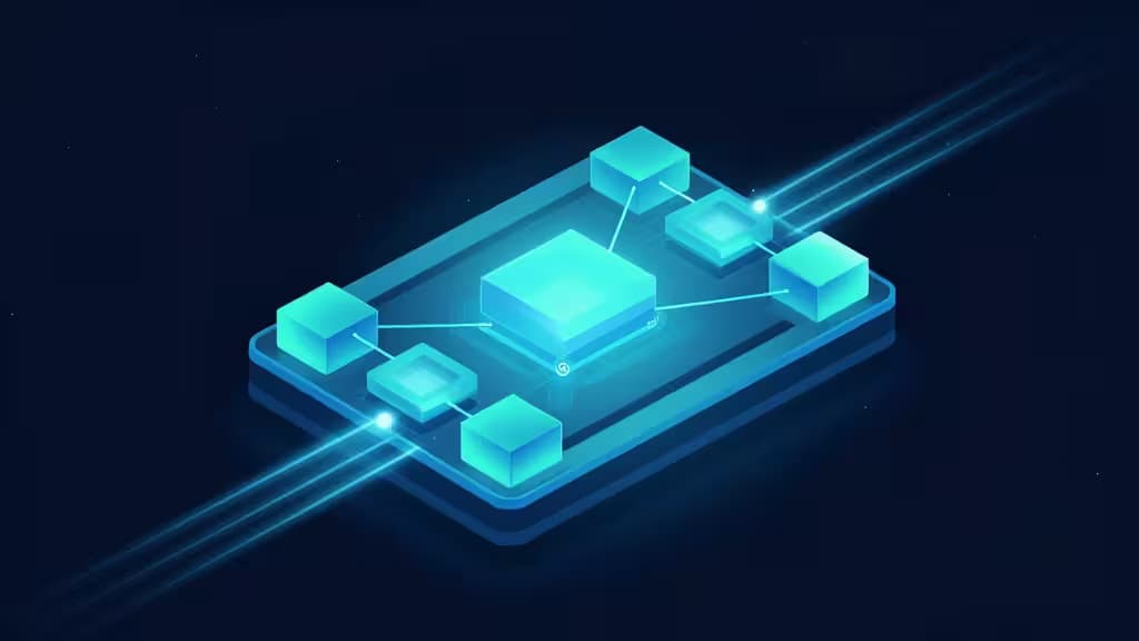 Glowing blue circuit board with interconnected cubes and light beams, symbolizing fast, affordable managed Redis caching for startups.