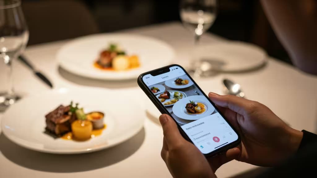 Hands hold smartphone displaying food photos over elegantly plated dishes on white tablecloth with wine glasses.