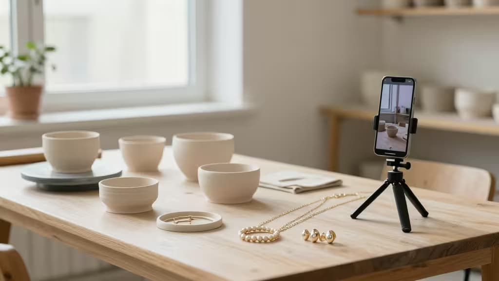 Ceramic bowls and gold jewelry sit on a wooden table beside a smartphone on a tripod, capturing product photos for an Etsy seller.