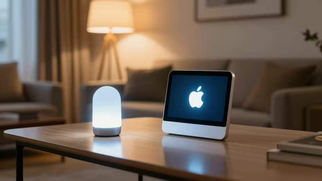 A glowing smart bulb and Apple HomeKit device sit on a wooden table in a warmly lit living room.