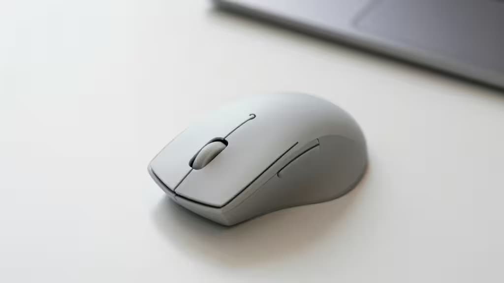 Um rato ergonómico vertical cor de cinza mate repousa sobre uma superfície de secretária branca, ligeiramente inclinado em direção ao espectador.