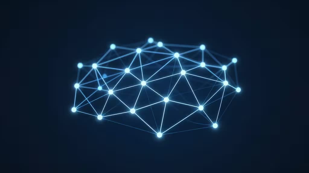 Glowing blue nodes connect via luminous lines, forming a secure mesh network against a dark background.