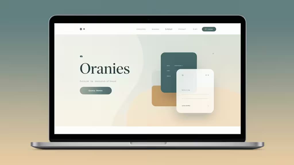 Abstract composition of a minimalist creative portfolio website displayed on a laptop, with soft gradient lighting in teal and amber tones and floating UI design elements.