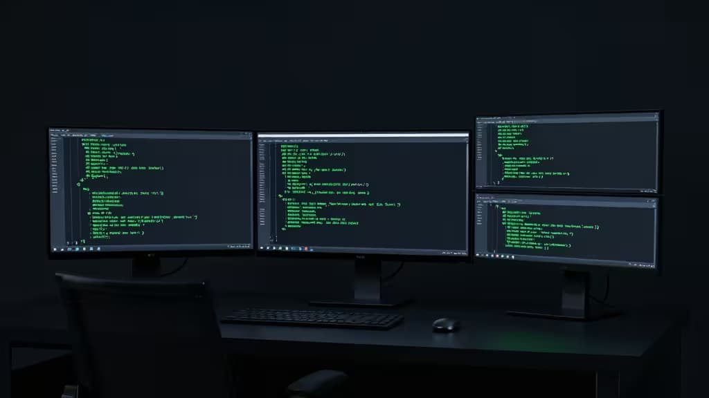 Un escritorio oscuro con cuatro monitores mostrando código verde en terminales, teclado, ratón y silla.