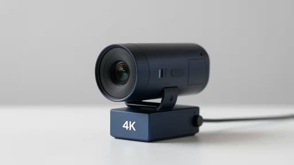 Una webcam 4K posizionata su un monitor in un setup da studio minimalista.