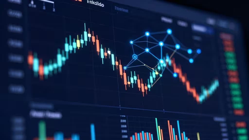 Abstract digital dashboard with glowing candlestick charts and blockchain network nodes on a dark navy background
