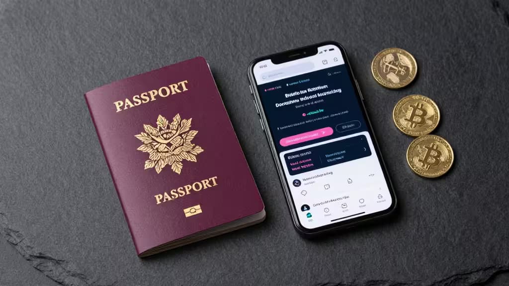 A British passport, smartphone with crypto app, and gold Bitcoin coins on dark slate.