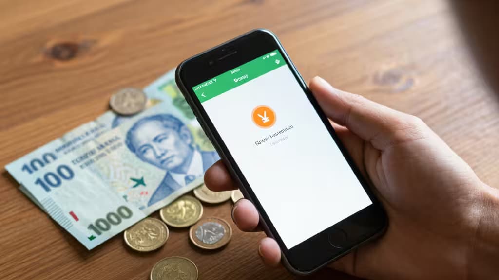 Hand hält Smartphone mit Geldtransfer-App über philippinischen Pesos und Münzen auf Holztisch.