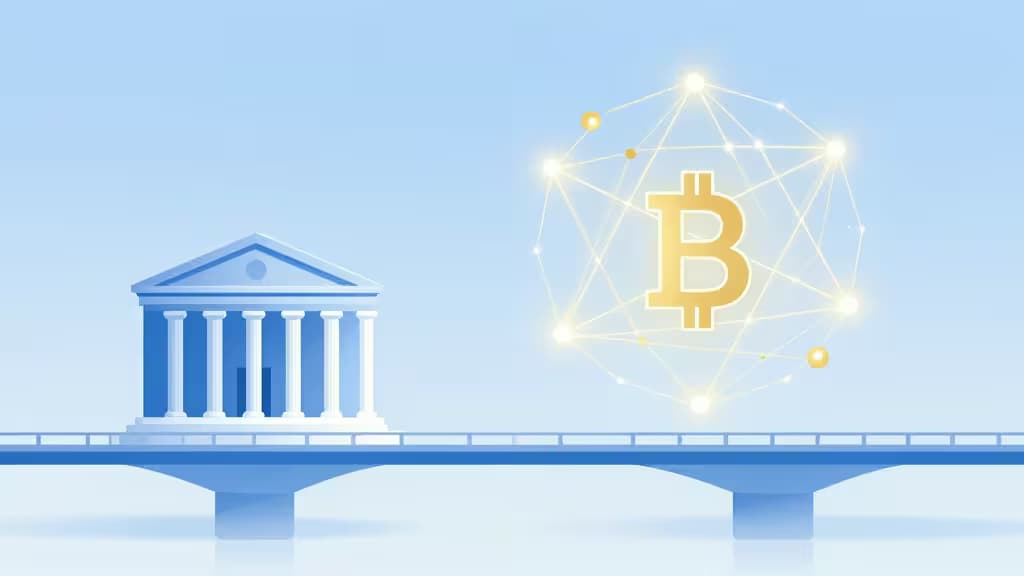 Een klassiek bankgebouw is via een brug verbonden met een gloeiend Bitcoin-symbool, ter illustratie van crypto on-ramp-platforms zoals Transak en Coinbase.