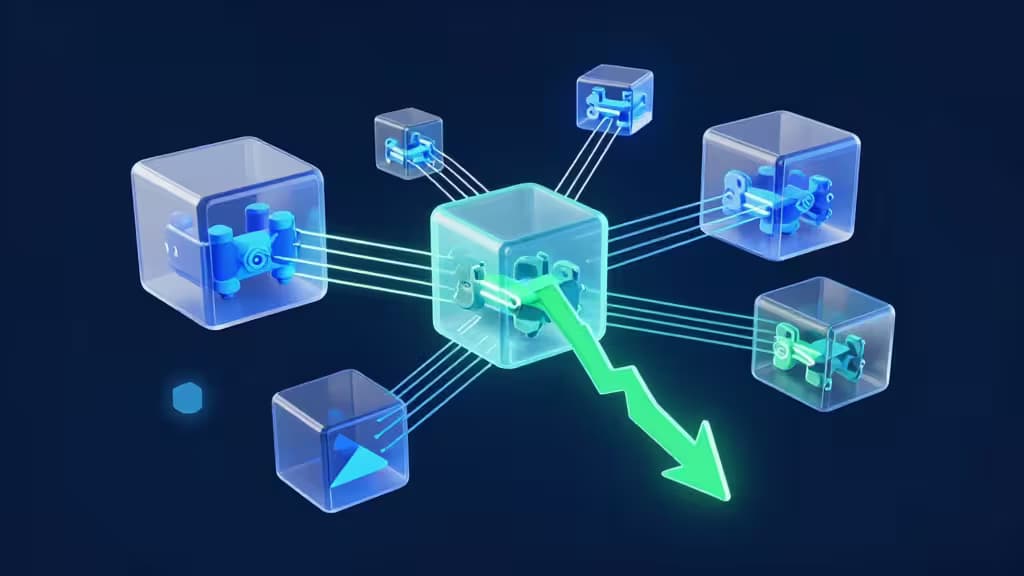 Abstract 3D rendering of Kubernetes cost optimization: floating translucent containers and pods connected by glowing cost-flow lines with downward-trending chart elements in cool blue and green tones.