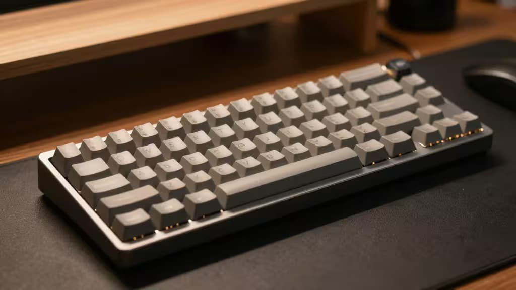 A tenkeyless mechanical keyboard with textured PBT keycaps rests on a dark desk mat.