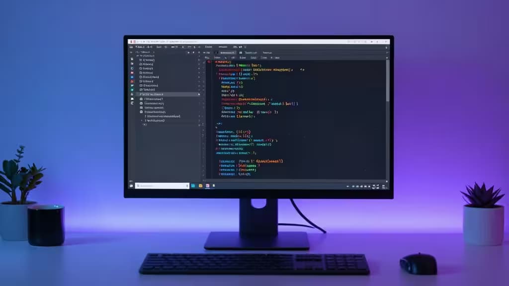 Moderner Entwickler-Arbeitsplatz mit einem Monitor, der Code mit KI-generierten Testfällen und Dokumentationskommentaren zeigt, in sanftem blau-violetten Licht