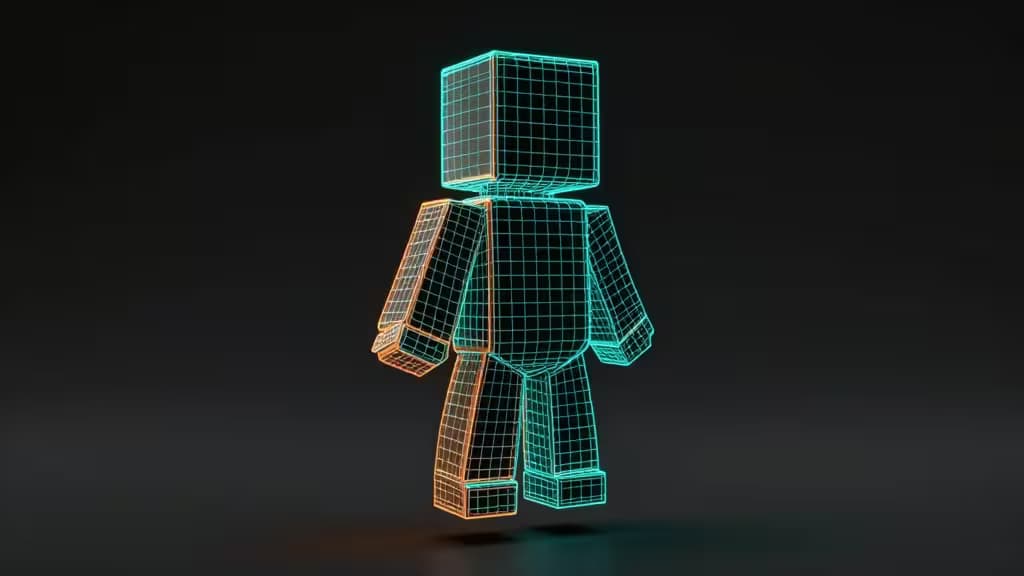Glowing teal and orange wireframe character model floats against dark studio background.