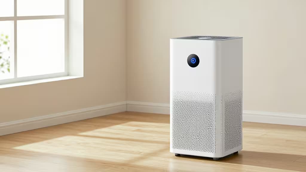 White smart air purifier with blue LED display stands on hardwood floor near window.