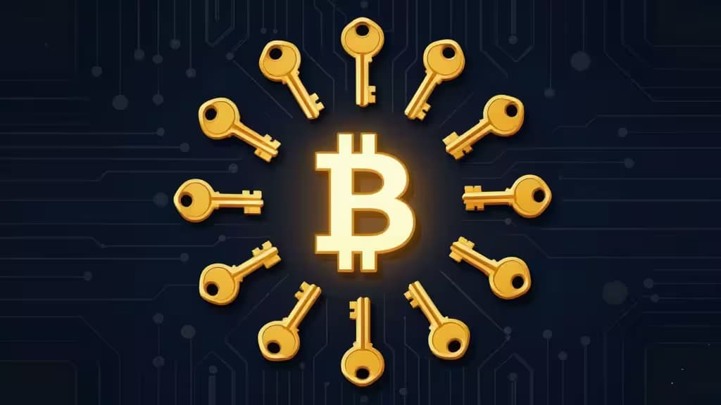 Glowing Bitcoin symbol centered among twelve golden keys on a dark navy circuit-board background.