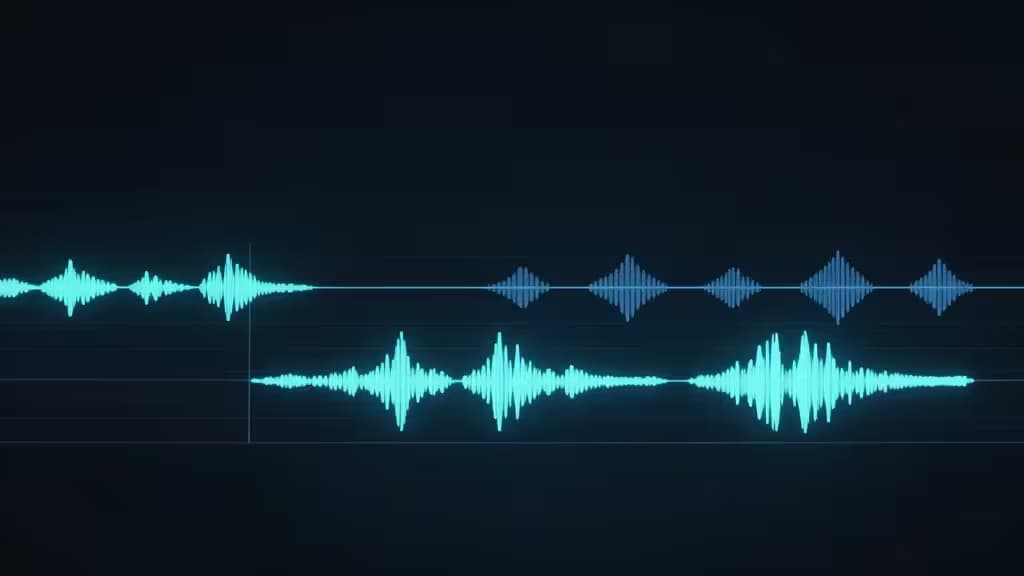 Abstract illustration of a video editing timeline with glowing AI-assisted waveform segments on a dark cinematic background