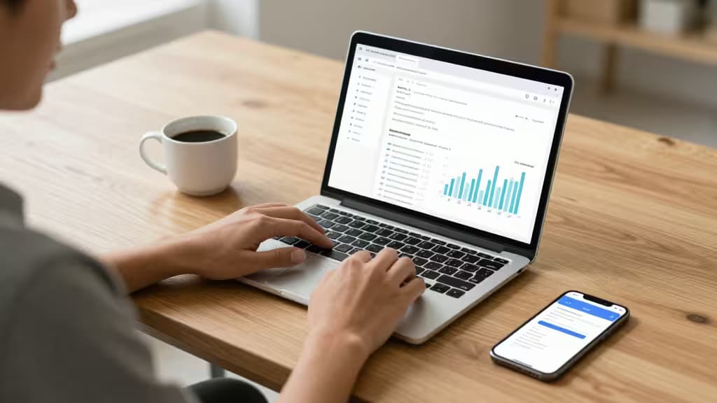 Freelancer types on laptop displaying tax dashboard, coffee and smartphone nearby.