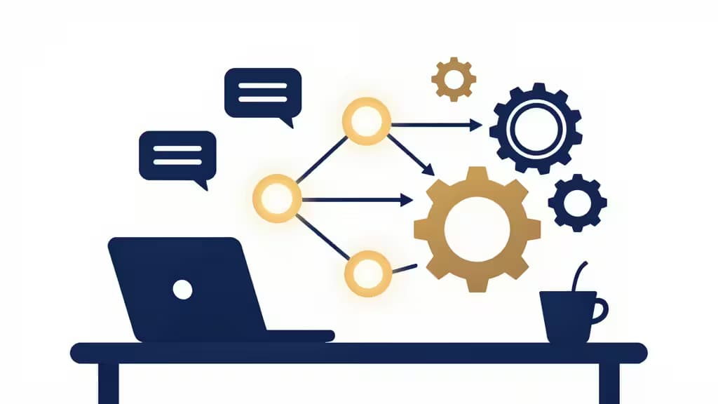 Illustration abstraite d'un bureau avec des nœuds de workflow connectés et des flèches d'automatisation, symbolisant l'IA pour les PME.
