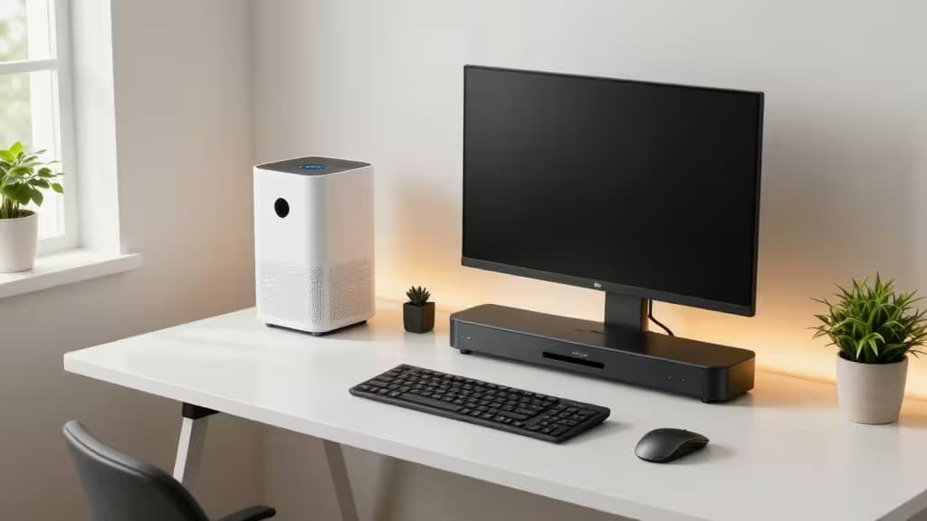 White desk holds black monitor, keyboard, mouse, and white air purifier beside window.