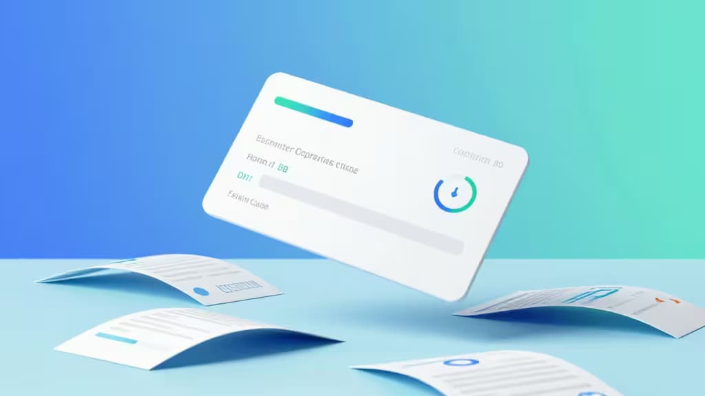 White fintech card floats above scattered paper receipts on a blue-green gradient surface.