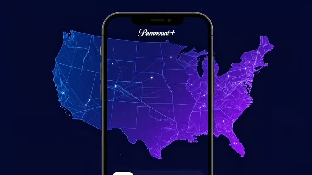 Smartphone displays Paramount+ logo over glowing US map, symbolizing VPN access for French users.