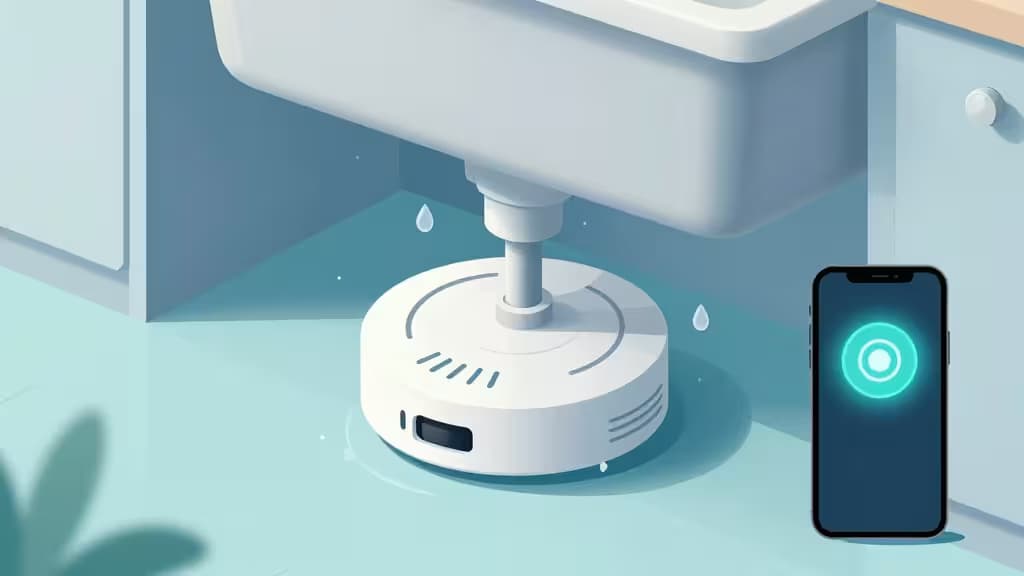 Illustration éditoriale d'un détecteur de fuite d'eau intelligent placé sous un évier de cuisine, avec gouttelettes d'eau et notification smartphone.