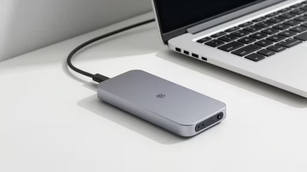 Hub Thunderbolt 4 en aluminium argenté connecté à un MacBook Pro via un câble noir sur un bureau blanc