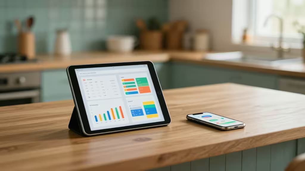 Cozinha familiar moderna com tablet e smartphone sobre a bancada a mostrar gráficos de orçamento e metas de poupança